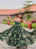 Georgette Real Mirror Gamthi Work Printed Dark Green Anarkali Gown