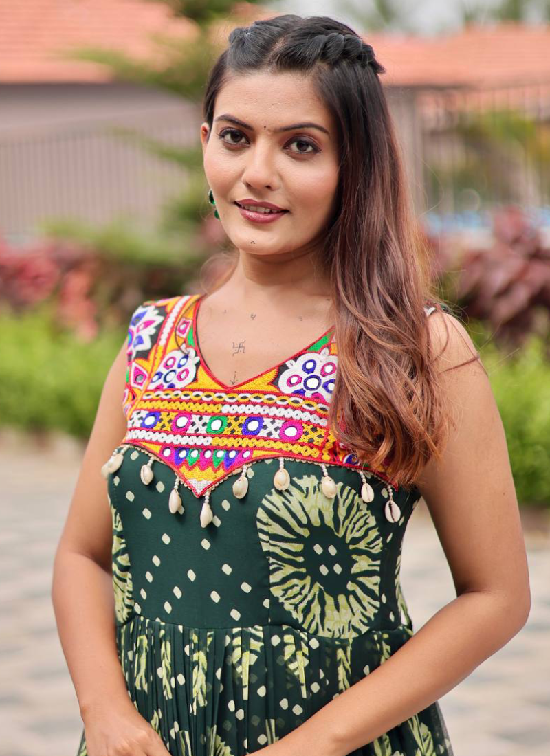 Georgette Real Mirror Gamthi Work Printed Dark Green Anarkali Gown