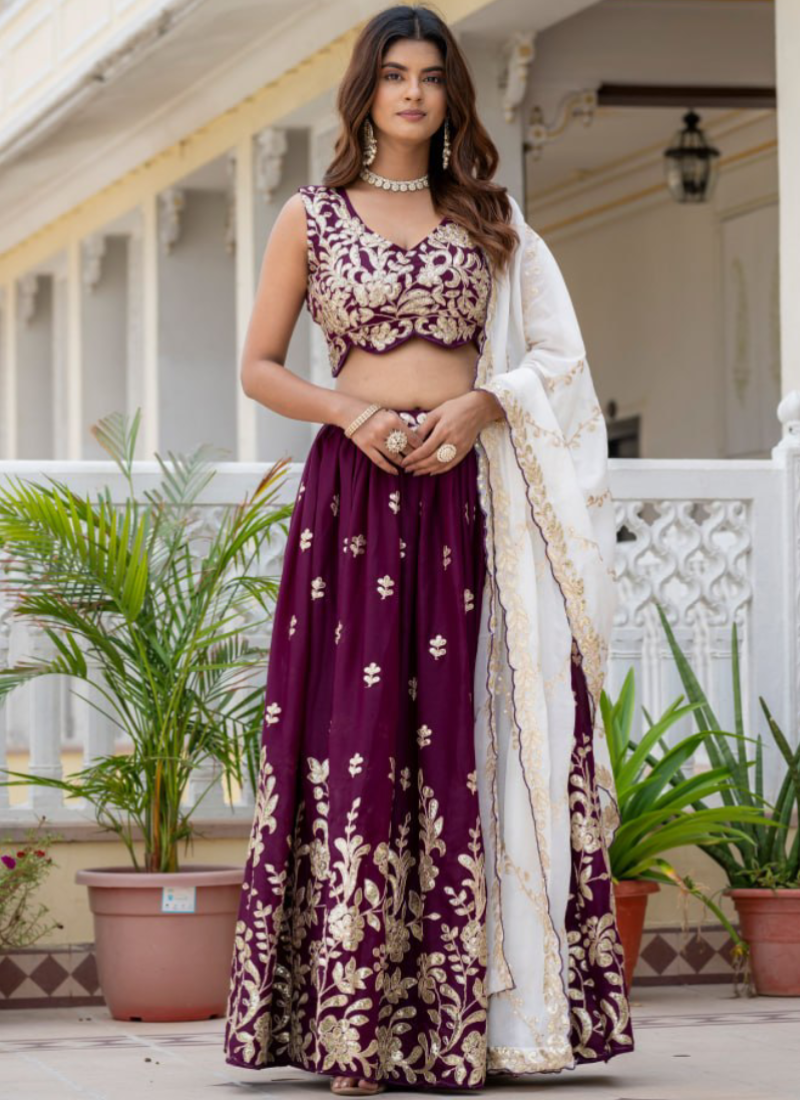 Georgette Rich Wine Heavy Embroidered Zari Lehenga Choli For Women