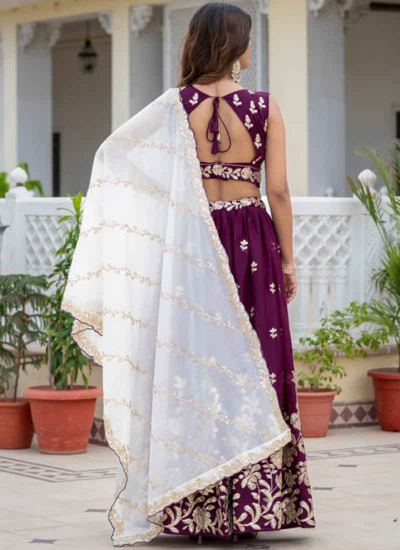 Georgette Rich Wine Heavy Embroidered Zari Lehenga Choli For Women