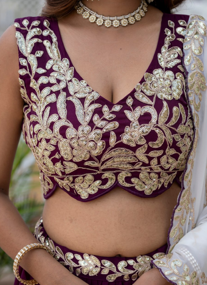 Georgette Rich Wine Heavy Embroidered Zari Lehenga Choli For Women