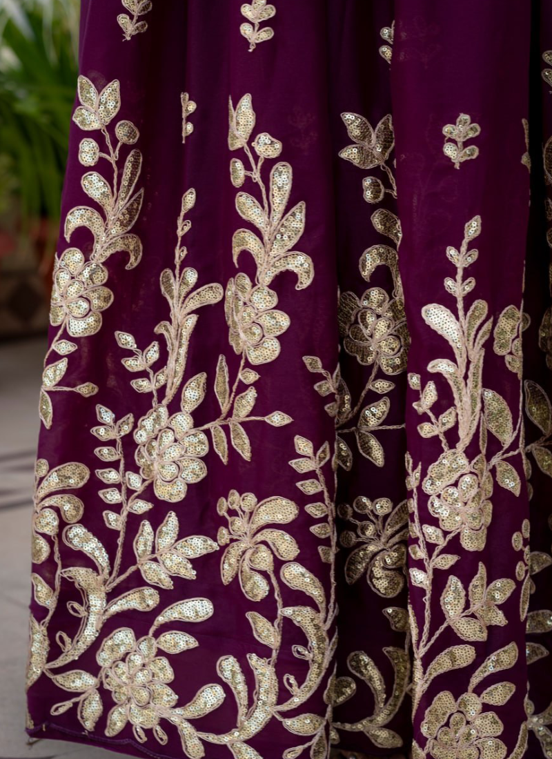 Georgette Rich Wine Heavy Embroidered Zari Lehenga Choli For Women