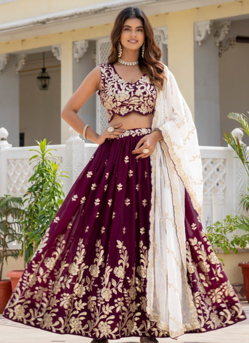 Georgette Rich Wine Heavy Embroidered Zari Lehenga Choli For Women
