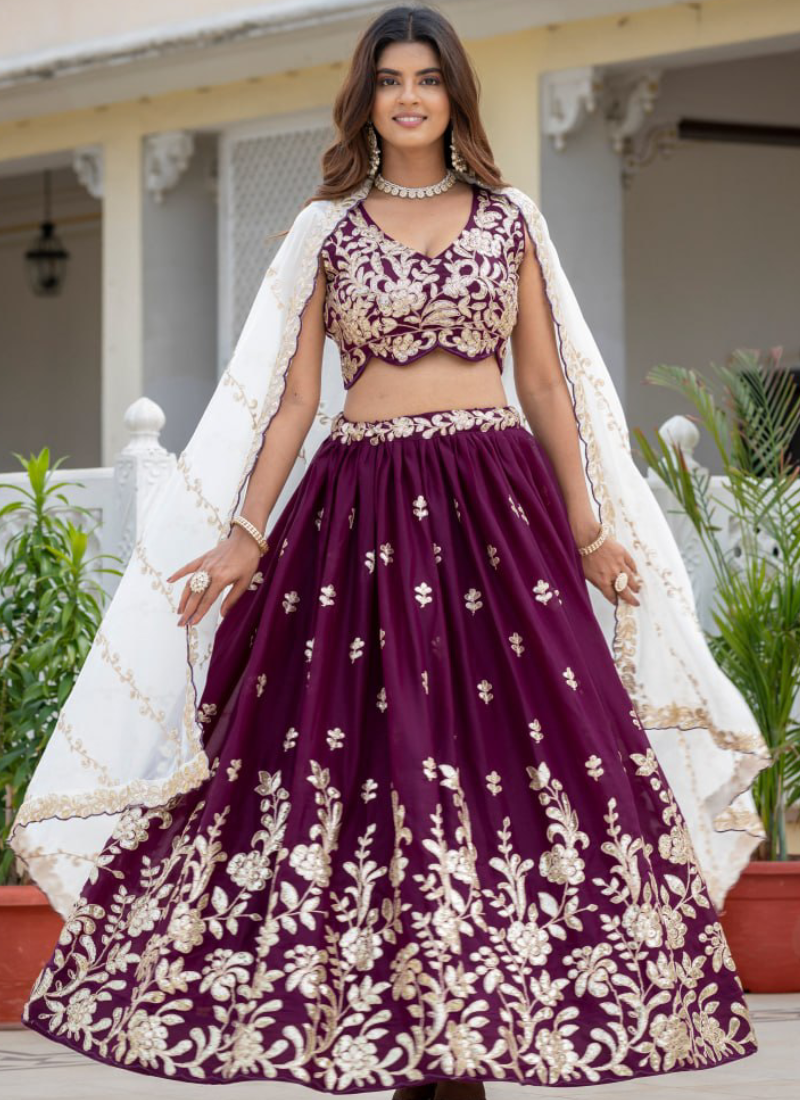 Georgette Rich Wine Heavy Embroidered Zari Lehenga Choli For Women