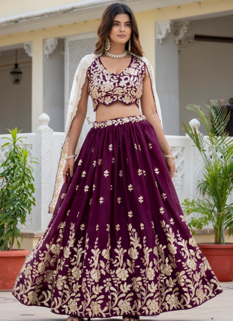 Georgette Rich Wine Heavy Embroidered Zari Lehenga Choli For Women