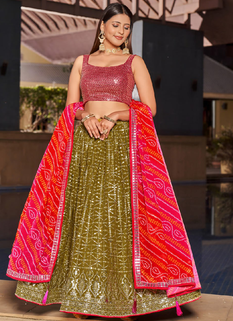 Georgette Sequence Embroidered Green Lehenga For Mehndi Function