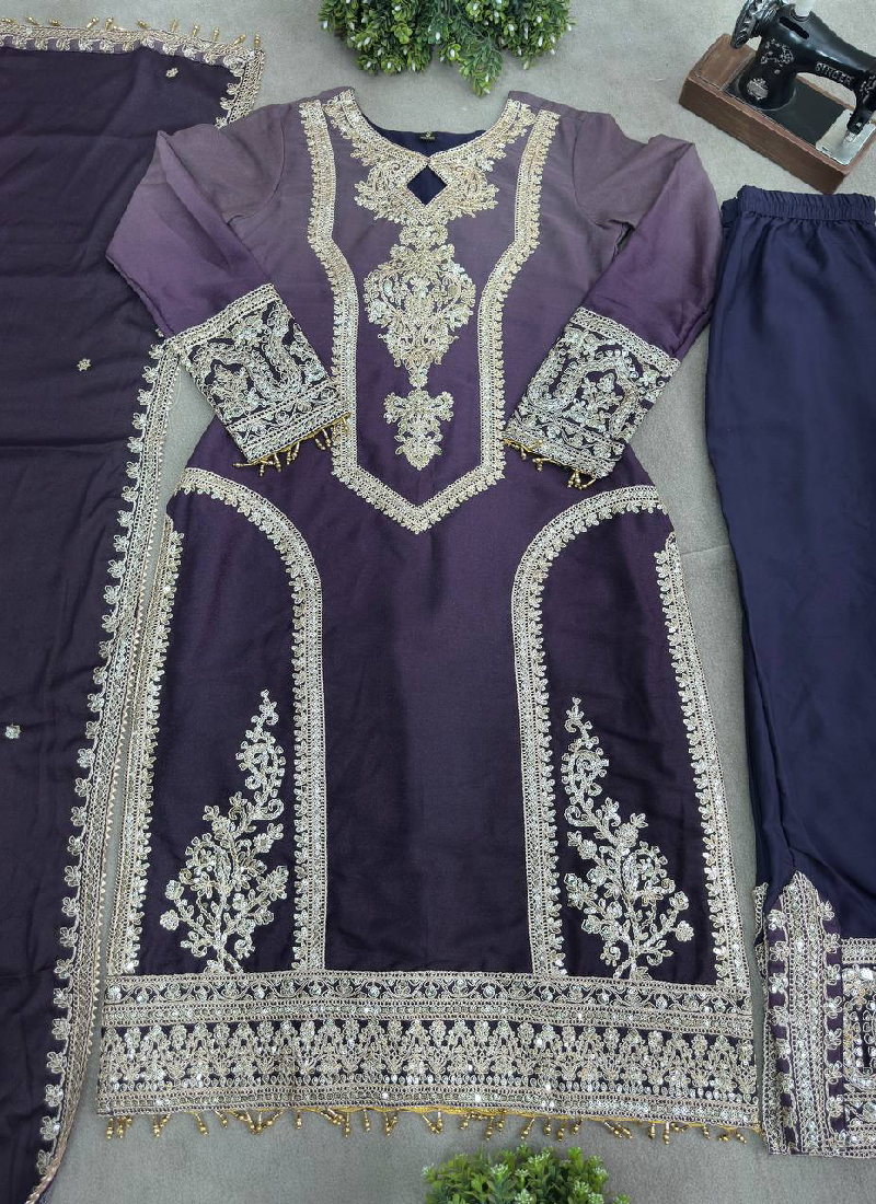 Georgette Sequence Embroidered Purple Salwar Kameez With Dupatta