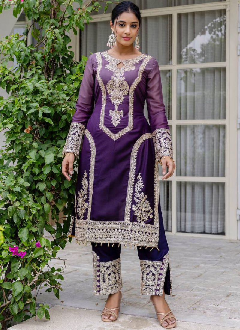 Georgette Sequence Embroidered Purple Salwar Kameez With Dupatta