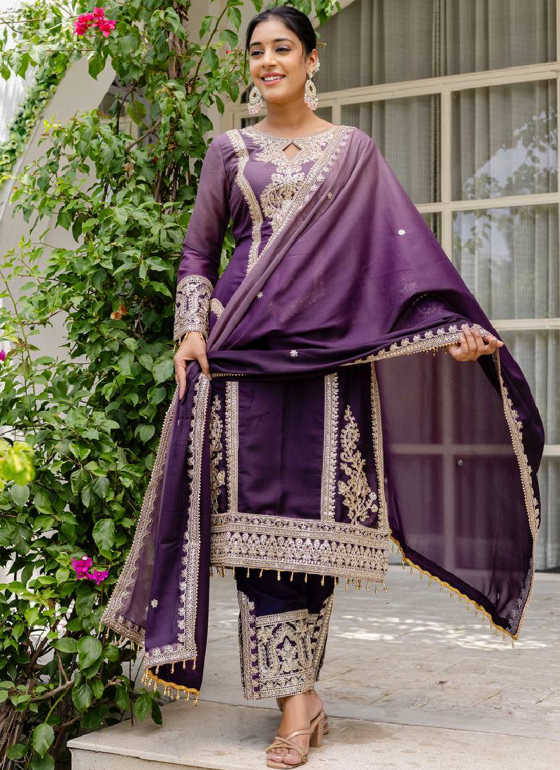 Georgette Sequence Embroidered Purple Salwar Kameez With Dupatta