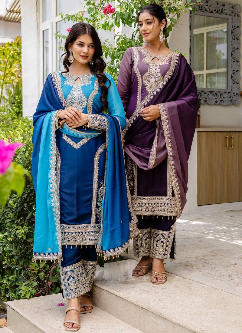 Georgette Sequence Embroidered Purple Salwar Kameez With Dupatta