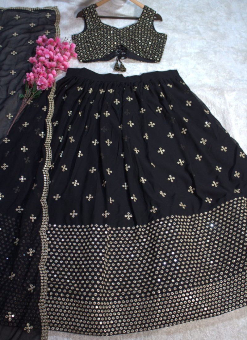 Georgette Sequence Embroidered Reception Wear Black Lehenga Choli