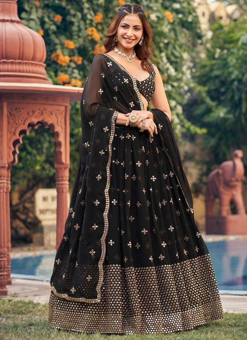 Georgette Sequence Embroidered Reception Wear Black Lehenga Choli