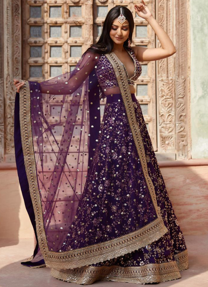 Georgette Sequence Embroidered Work Party Wear Purple Lehenga Choli