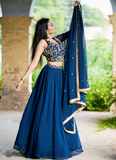 Georgette Sequence Work Navy Blue Umbrella Lehenga Choli For Party