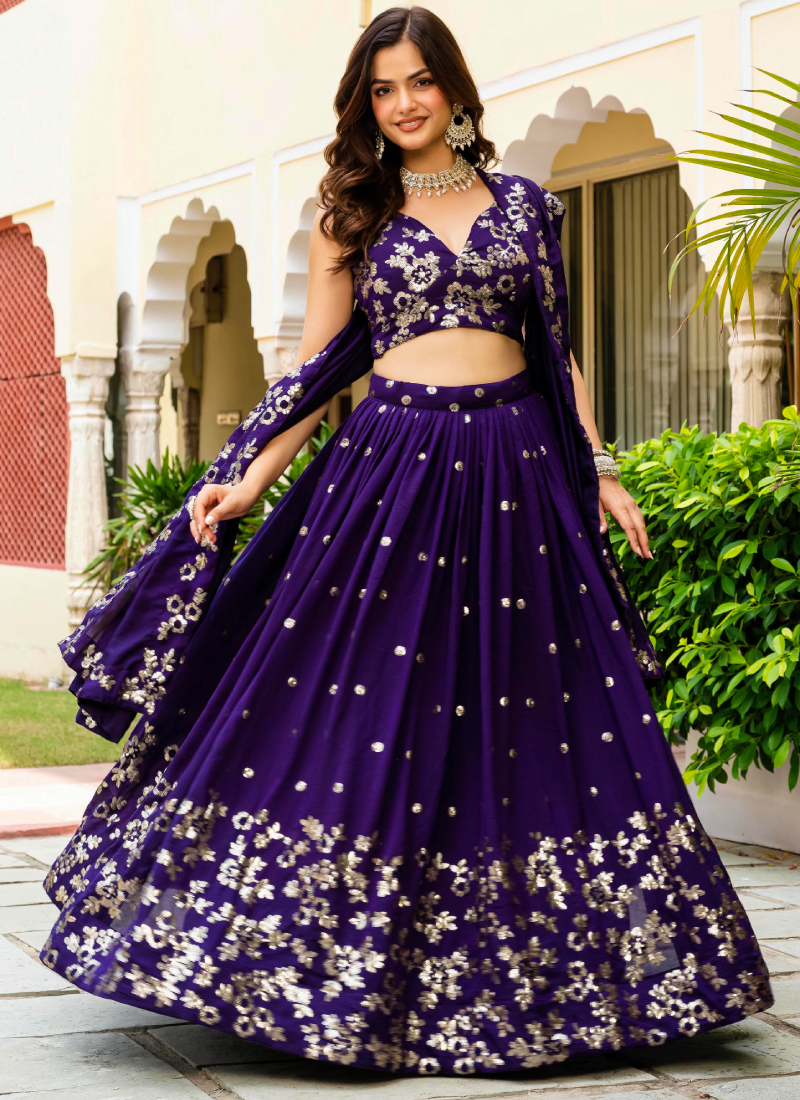 Georgette Sequence Work Purple Function Wear Lehenga Choli With Dupatta