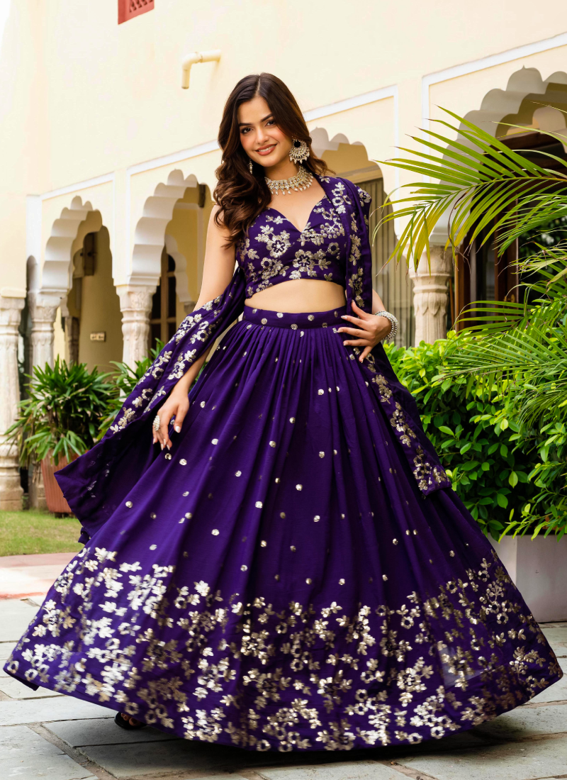 Georgette Sequence Work Purple Function Wear Lehenga Choli With Dupatta