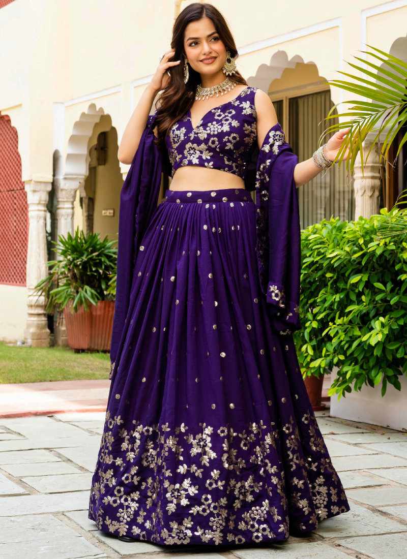 Georgette Sequence Work Purple Function Wear Lehenga Choli With Dupatta