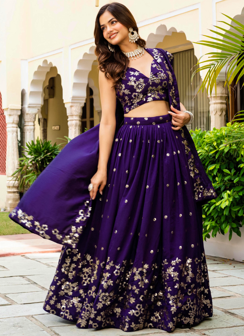 Georgette Sequence Work Purple Function Wear Lehenga Choli With Dupatta