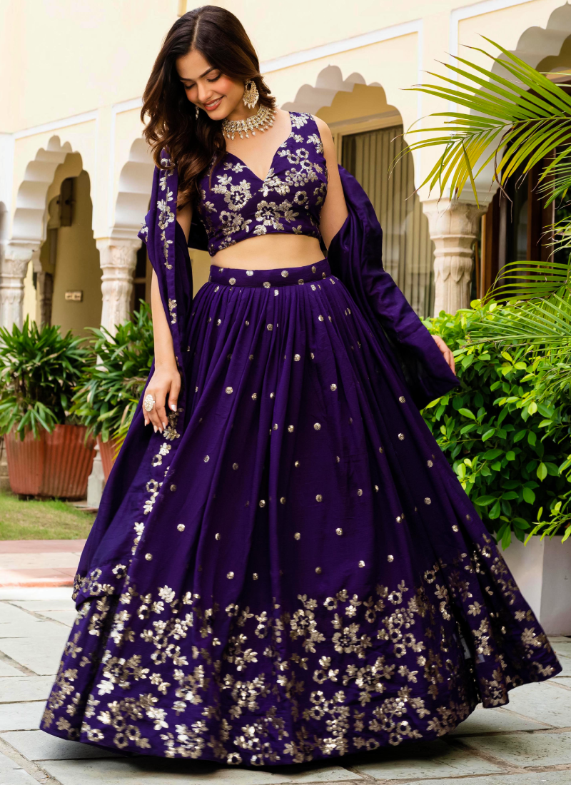 Georgette Sequence Work Purple Function Wear Lehenga Choli With Dupatta