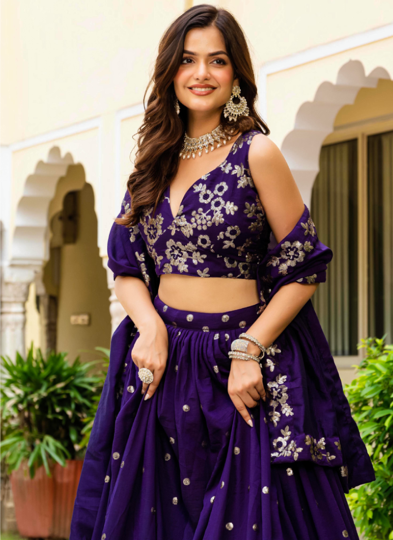 Georgette Sequence Work Purple Function Wear Lehenga Choli With Dupatta