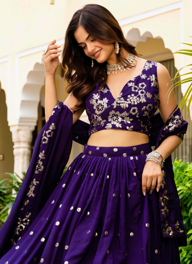 Georgette Sequence Work Purple Function Wear Lehenga Choli With Dupatta
