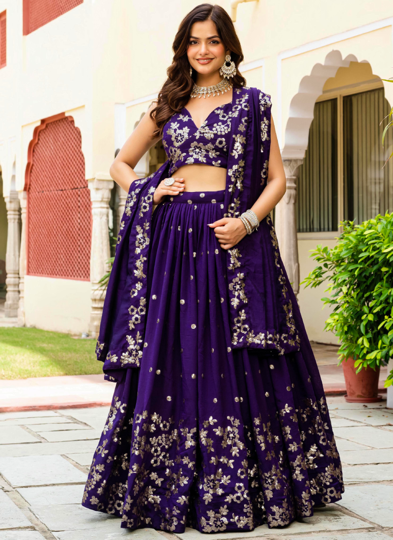 Georgette Sequence Work Purple Function Wear Lehenga Choli With Dupatta
