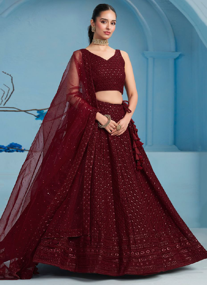Georgette Thread Embroidered Work Maroon Monochrome Lehenga Choli