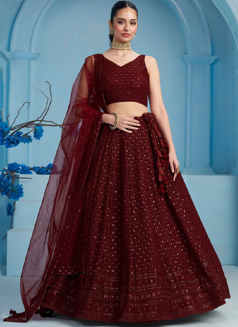 Georgette Thread Embroidered Work Maroon Monochrome Lehenga Choli