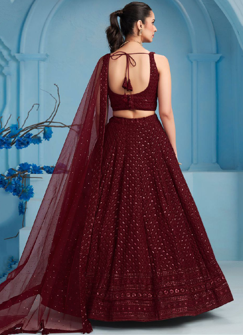 Georgette Thread Embroidered Work Maroon Monochrome Lehenga Choli