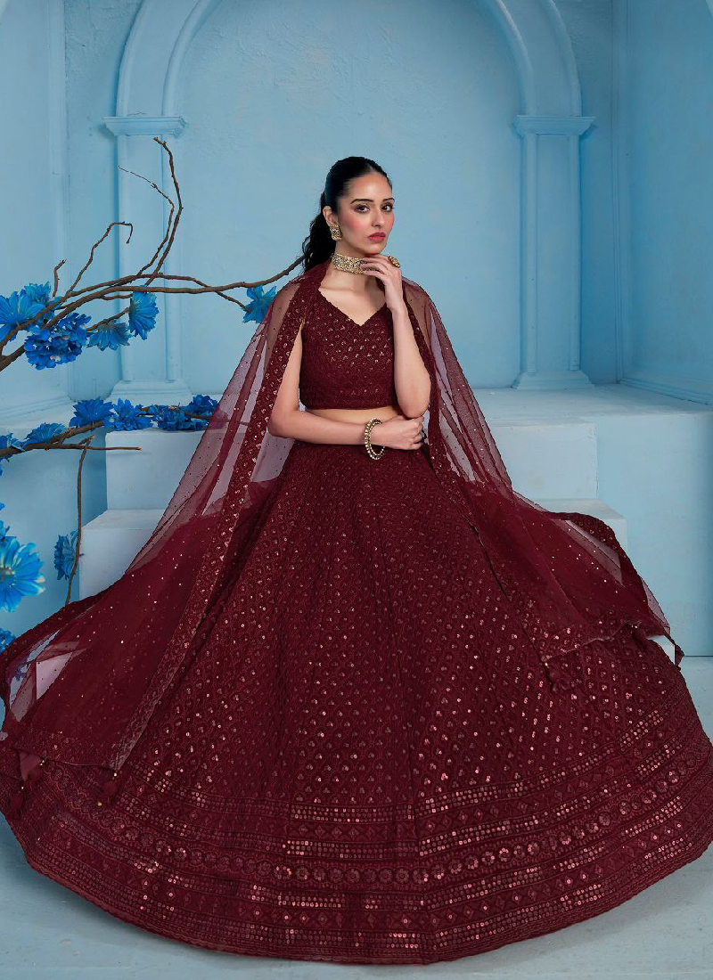 Georgette Thread Embroidered Work Maroon Monochrome Lehenga Choli