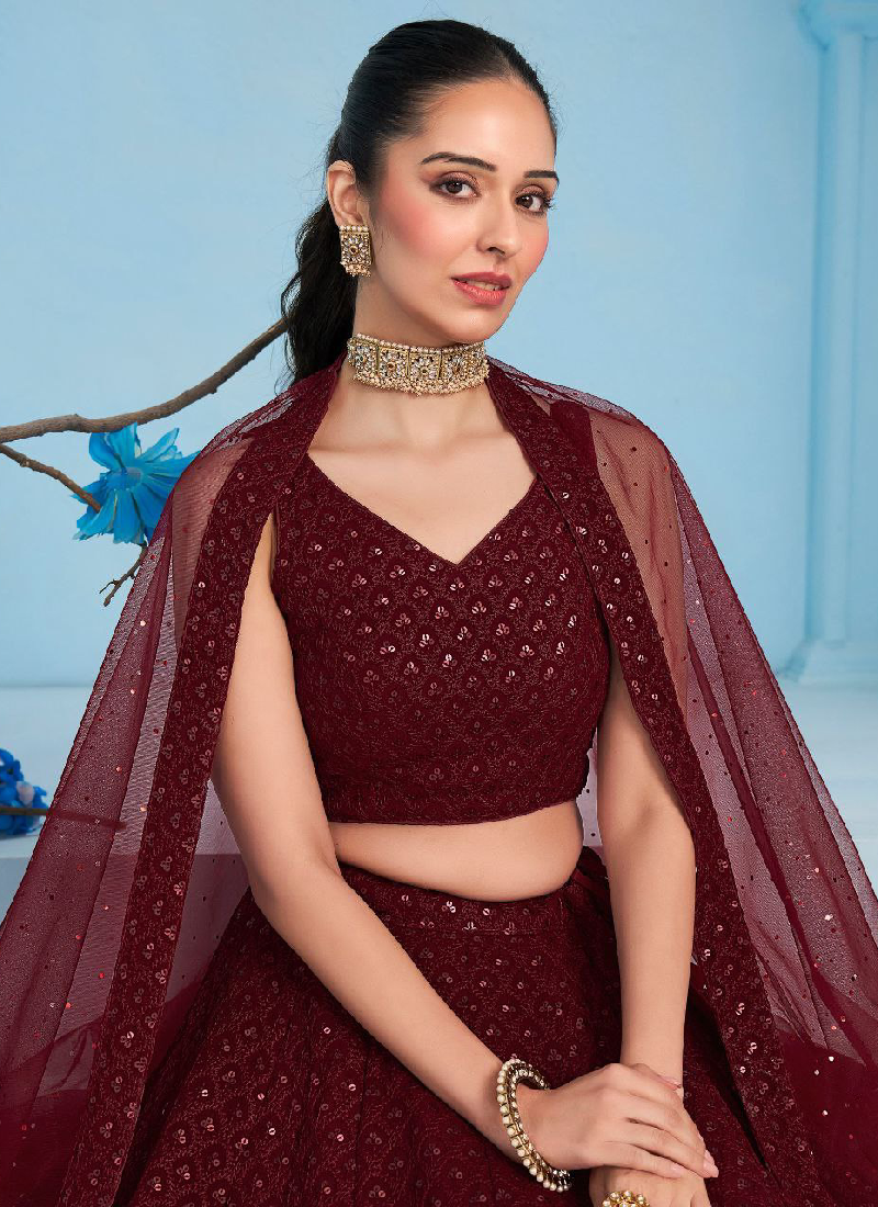 Georgette Thread Embroidered Work Maroon Monochrome Lehenga Choli