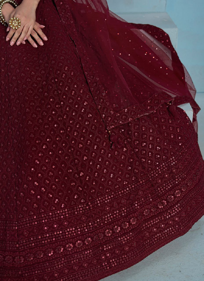 Georgette Thread Embroidered Work Maroon Monochrome Lehenga Choli