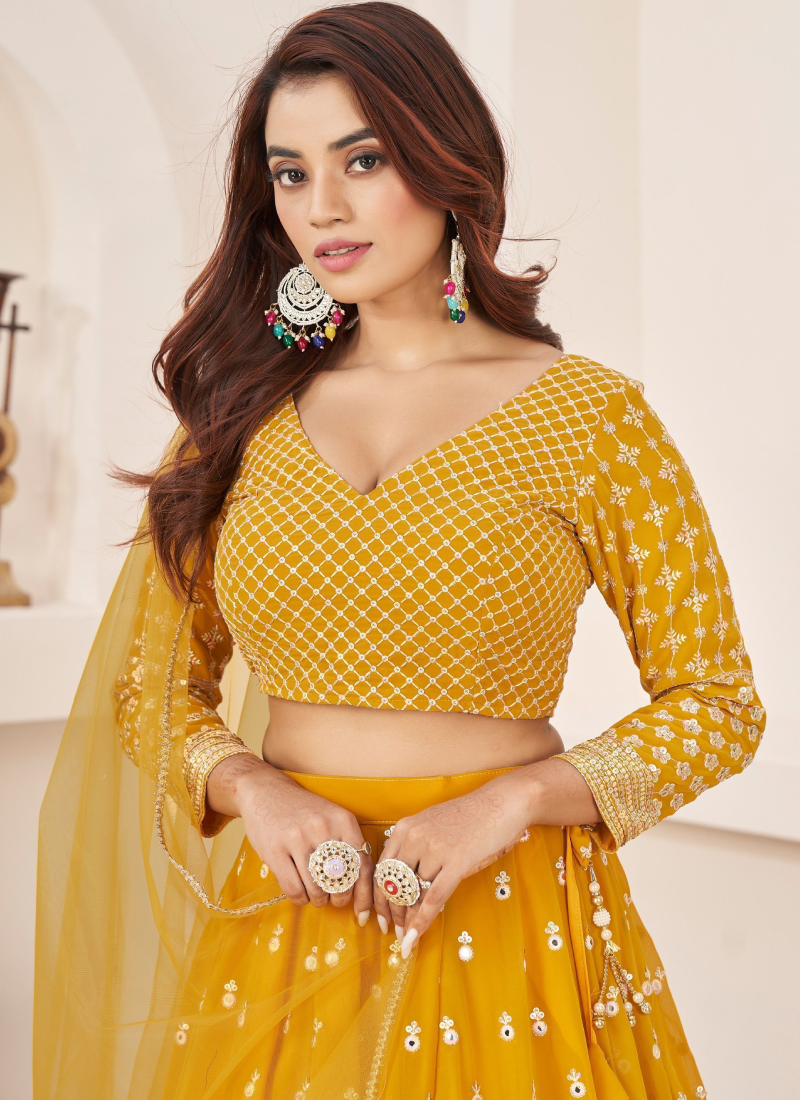 Georgette Thread Embroidery Work Yellow Haldi Lehenga Choli