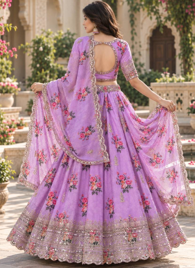 Georgette Zari Sequence Work Lavender Digital Printed Lehenga Choli