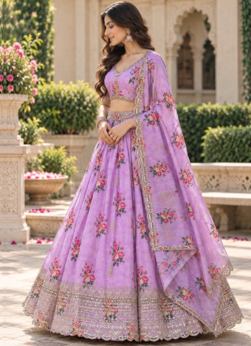 Georgette Zari Sequence Work Lavender Digital Printed Lehenga Choli