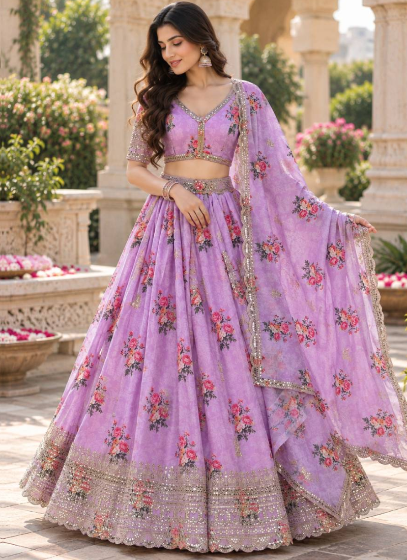 Georgette Zari Sequence Work Lavender Digital Printed Lehenga Choli