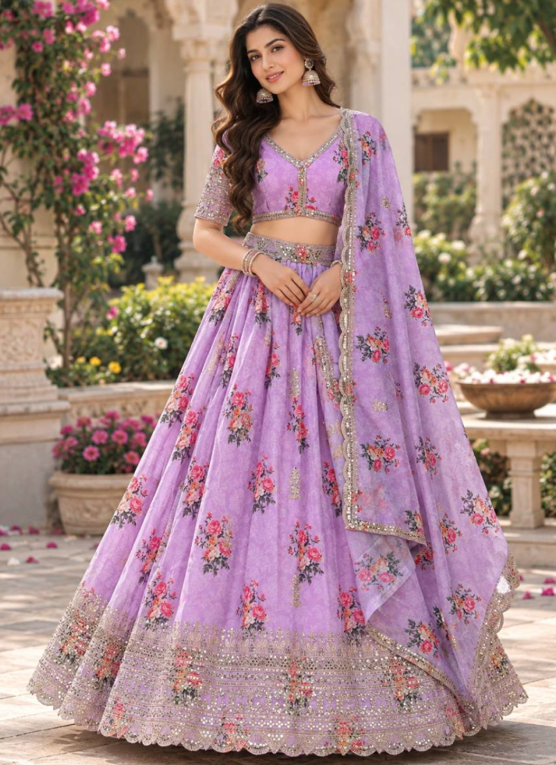 Georgette Zari Sequence Work Lavender Digital Printed Lehenga Choli
