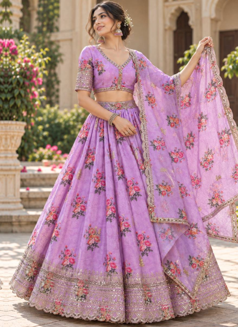 Georgette Zari Sequence Work Lavender Digital Printed Lehenga Choli