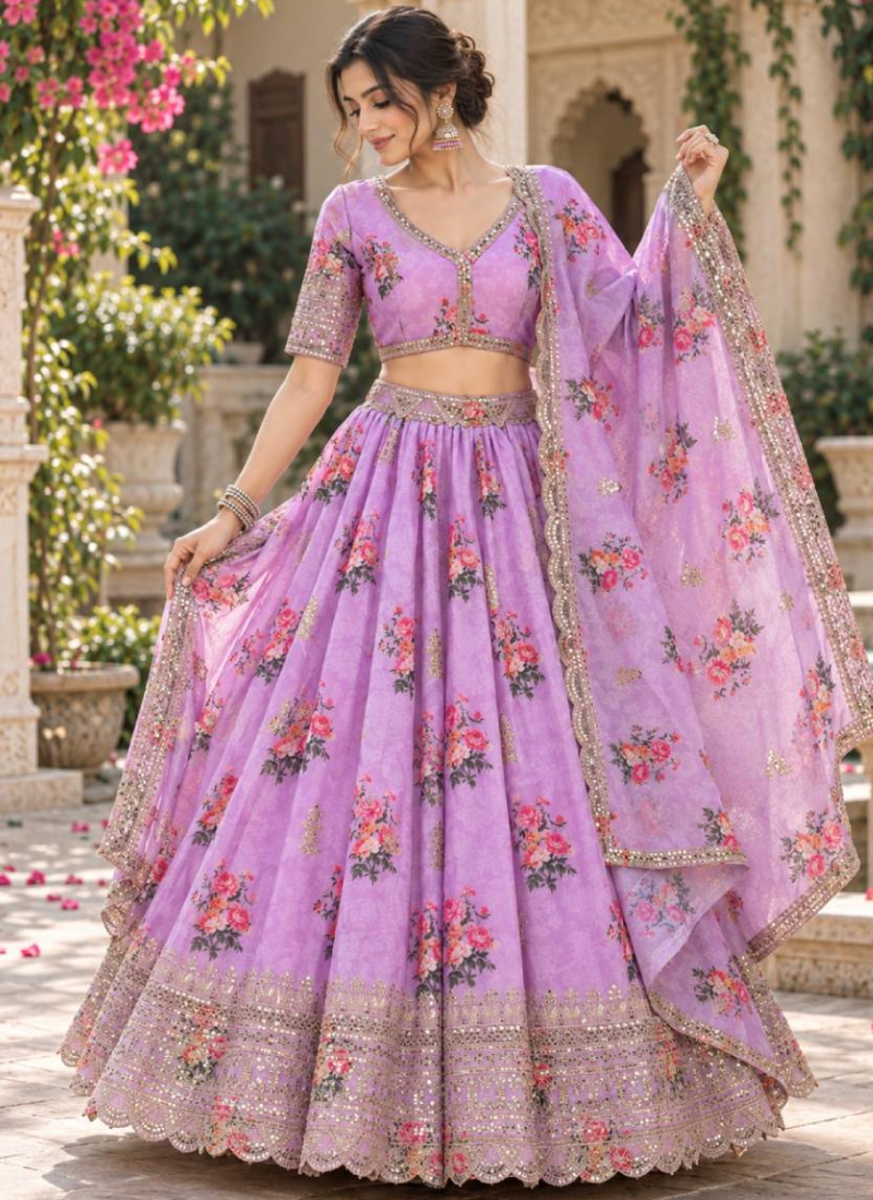 Georgette Zari Sequence Work Lavender Digital Printed Lehenga Choli