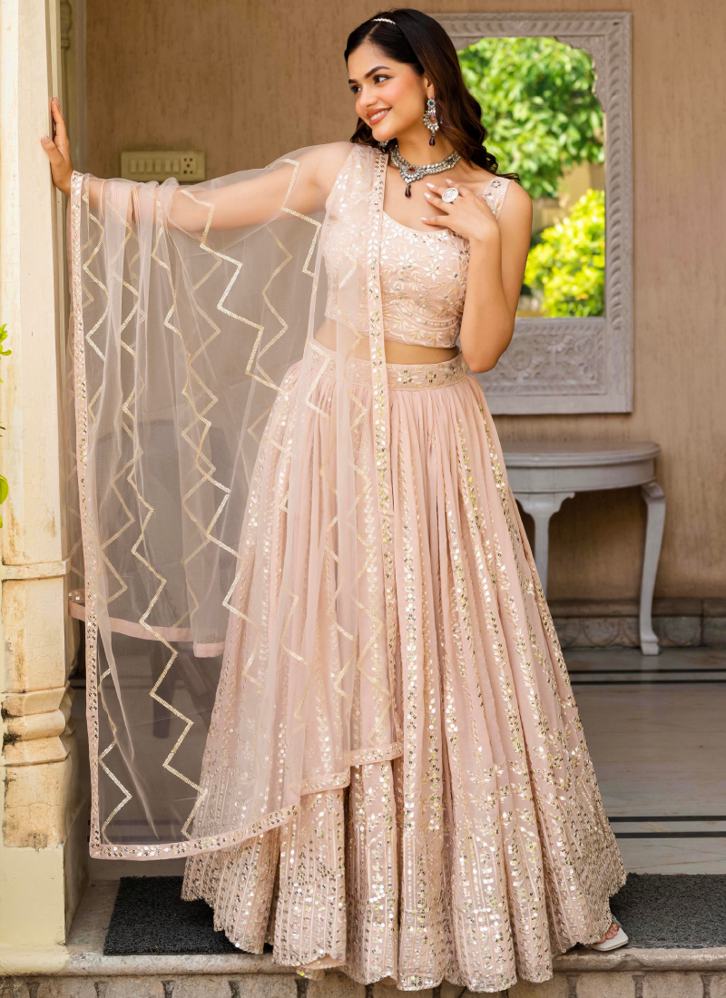Georgette Zari Sequence Work Peach Festival Lehenga Choli For Women