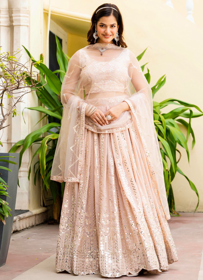 Georgette Zari Sequence Work Peach Festival Lehenga Choli For Women