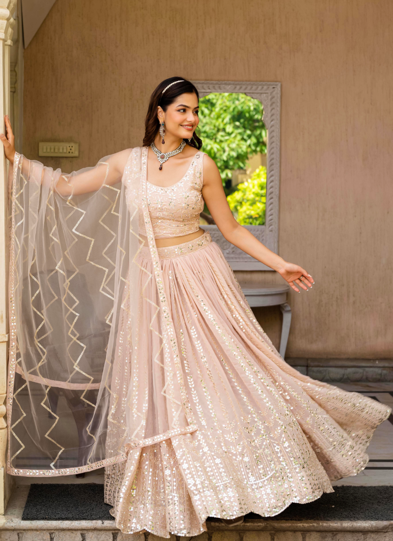 Georgette Zari Sequence Work Peach Festival Lehenga Choli For Women