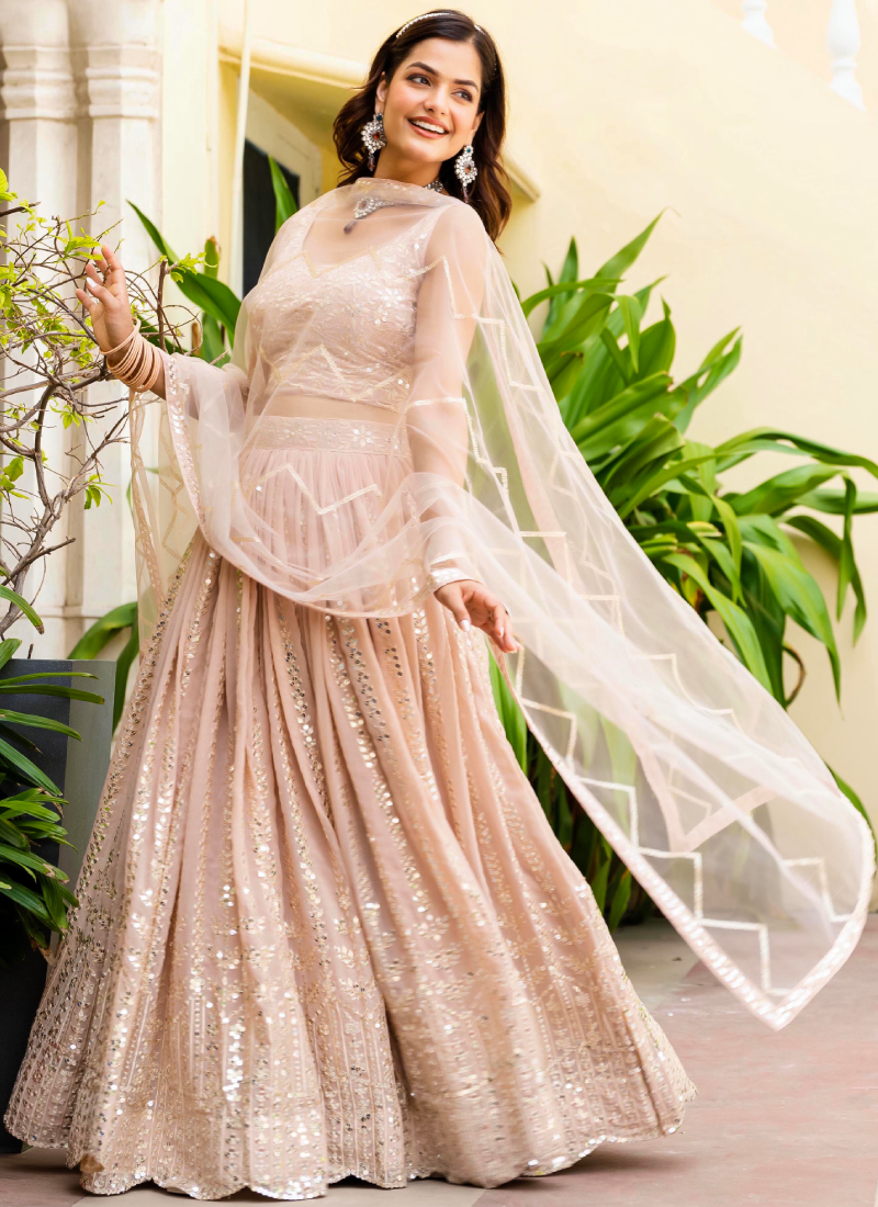 Georgette Zari Sequence Work Peach Festival Lehenga Choli For Women