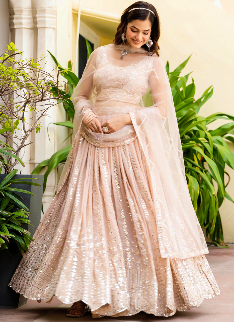Georgette Zari Sequence Work Peach Festival Lehenga Choli For Women