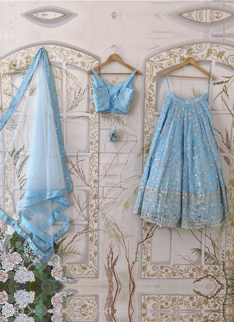 Georgette Zari Sequence Work Sky Blue Lehenga Choli For Party