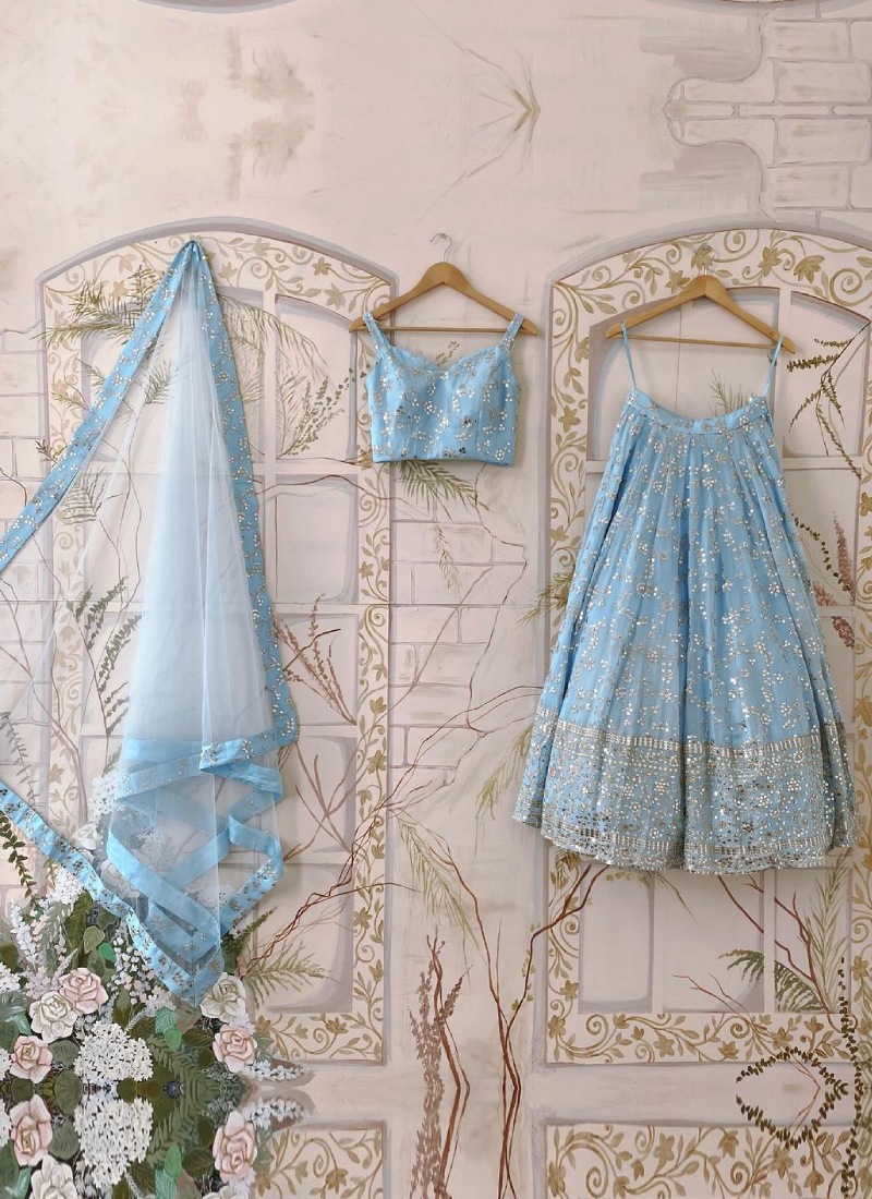 Georgette Zari Sequence Work Sky Blue Lehenga Choli For Party