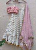 Georgette Zari Weaving Work Ruffle Style White Lehenga Choli