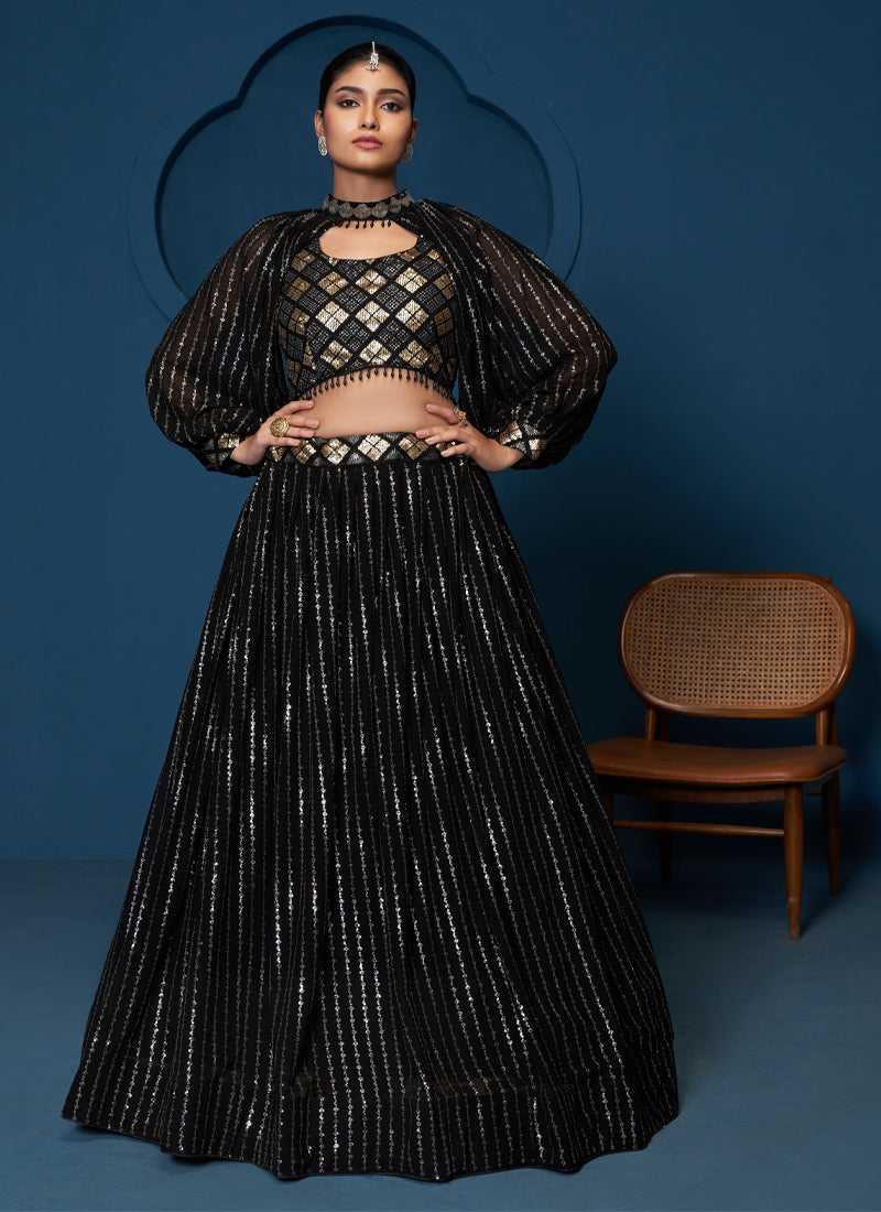 Georgette Sequence Work Black Crop Top Skirt With Choker Sleeves
