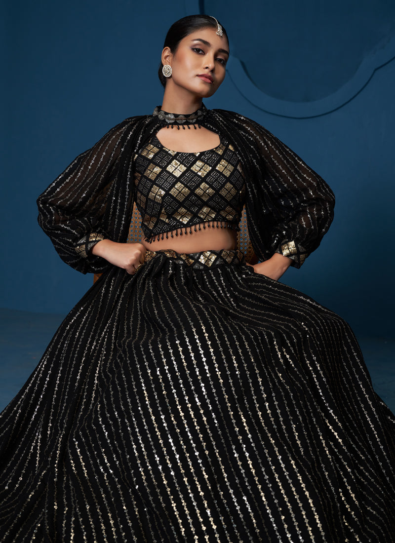 Georgette Sequence Work Black Crop Top Skirt With Choker Sleeves