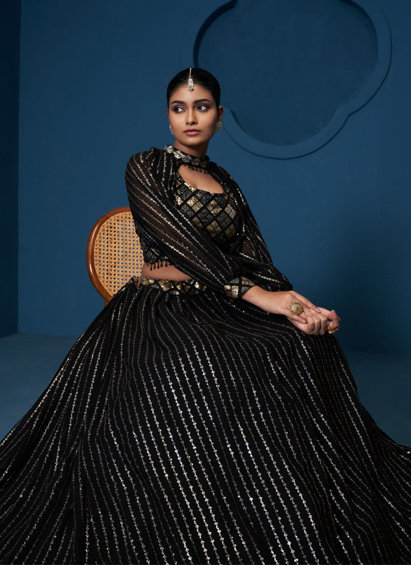 Georgette Sequence Work Black Crop Top Skirt With Choker Sleeves